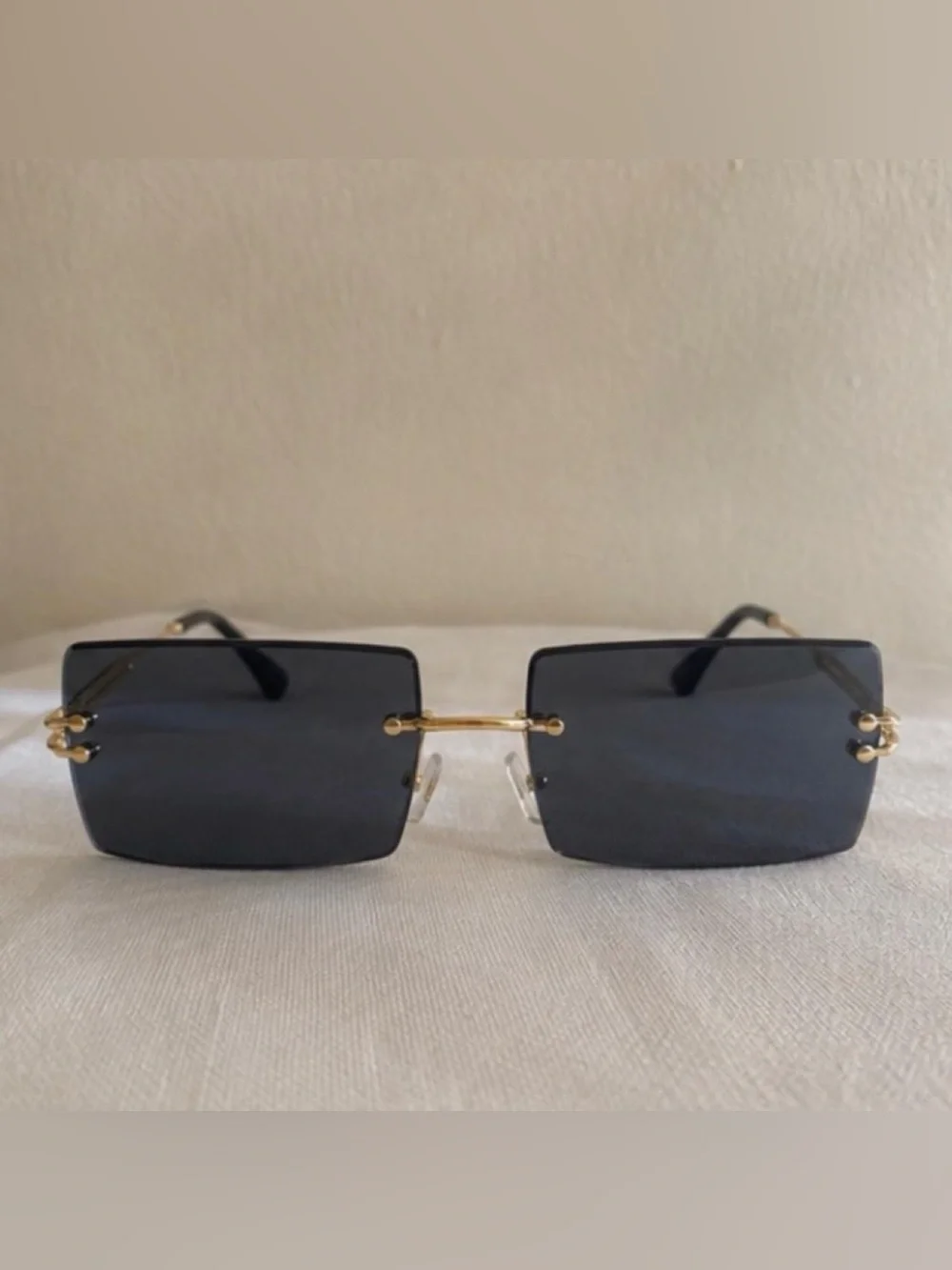 Rimless Rectangle Black Lens Gold Frame Unisex Sunglasses